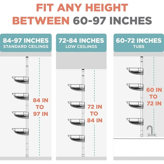 Tension Pole Shower Caddy Corner Organizer, Adjustable Standing Shower Caddy with 4 Baskets, Rust Resistant Bathroom Tension Rod Organizer, 60 to 97 Inch, Matte Black