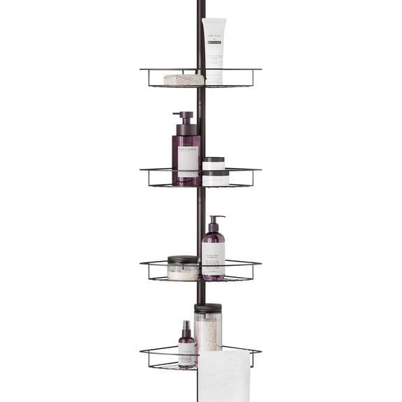 Tension Pole Shower Caddy Corner Organizer, Adjustable Standing Shower Caddy with 4 Baskets and Towel Bar, Rust Resistant Bathroom Tension Rod Organizer, 60 to 97 Inch, Bronze