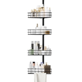 Tension Pole Shower Caddy, Corner Shower Caddies with 4 Basket Shelves and Built-In Towel Bars, Rustproof Bathroom Shower Organizer Adjustable 75.6 to 110.4 Inch