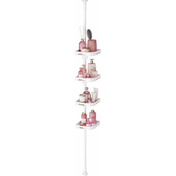 Tension Pole Shower Caddy Organizer with 4 Tier L-Shaped Rust Resistant Bathroom Corner Shelves with 34-124 Inch Adjustable No Drilling Quick Install Shower Rack for Bath Essentials (White)