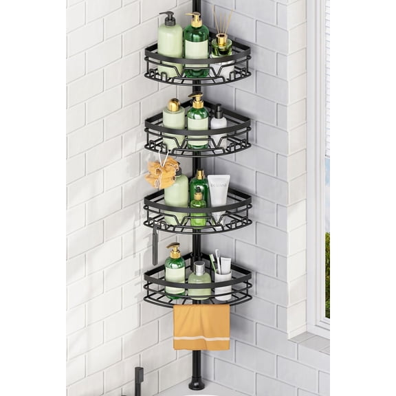 Tension Pole Shower Caddy with Towel Bar - 4-Tier Corner Organizer for Bathroom Bathtub Adjustable 25-114 Inch Black