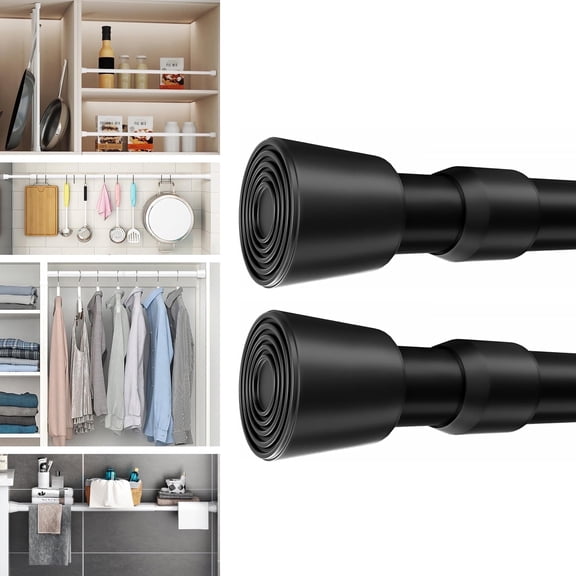 Tension Rod 28-48" Pack of 2, Rust-Resistance Adjustable Spring No Drilling Curtain Tension Rod for Windows Cabinet Wardrobe Closet, 7/8" Diameter, Black
