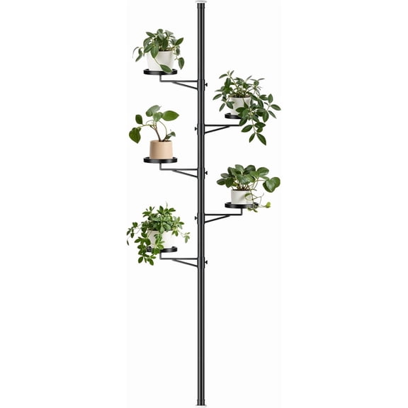 Tension Rod Plant Stand, 5 Tier Tension Pole Plant Stand with 5 Metal Trays, Plant Poles for Hanging Plants Indoor, Floor to Ceiling Plant Pole Hanging Plant Stand