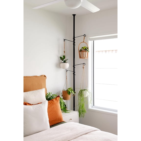 Tension Rod Plant Stand, Plant Poles for Hanging Plants Indoor, Metal Floor to Ceiling Hanging Plants Stand, Tension Pole Plant Stand with 6 Hooks (Fit 3.6-10ft)