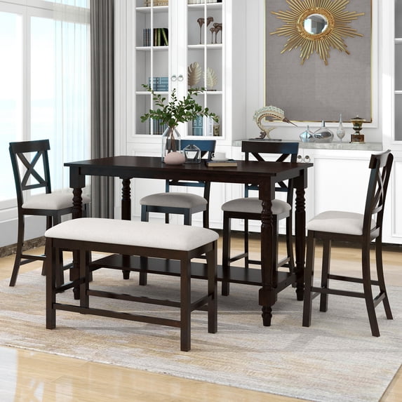 Tensun 6-Piece Counter Height Dining Set Kitchen Table with Four Upholstered Chairs, Bench, and Storage Shelf, Ideal for Kitchen and Living Room, Espresso Finish