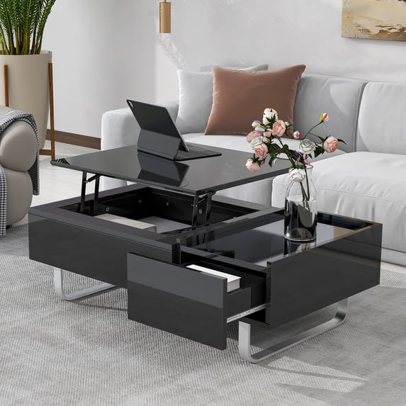 Tensun Black Lift Top Coffee Table - 45 Inch Contemporary Center Table with Drawer and Metal Frame Legs, High-Gloss Surface, Ideal for Living Room