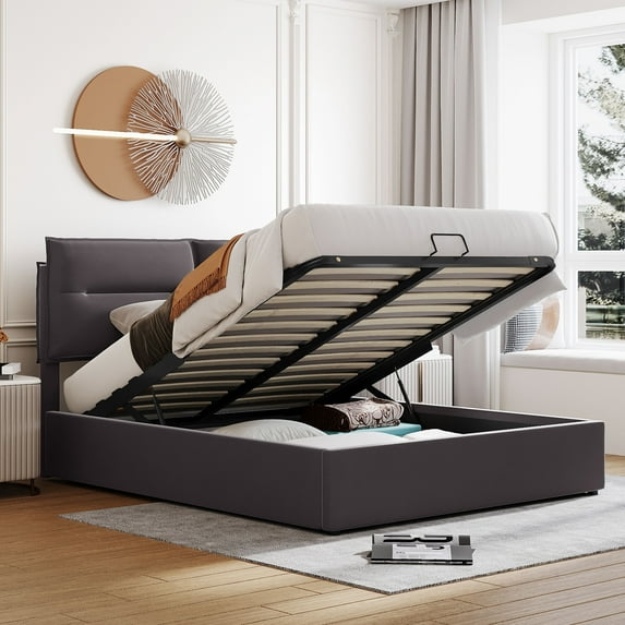 Tensun Grey Queen Bed: Modern Upholstered Frame with Hydraulic Lift Storage, Lift-Up Design, Heavy-Duty Slat Support - No Box Spring