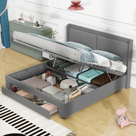 Tensun Grey Queen Size Lift-Up Storage Bed: Upholstered Platform with Hydraulic Storage, 2 Drawers, Heavy-Duty Slat Support - No Box Spring