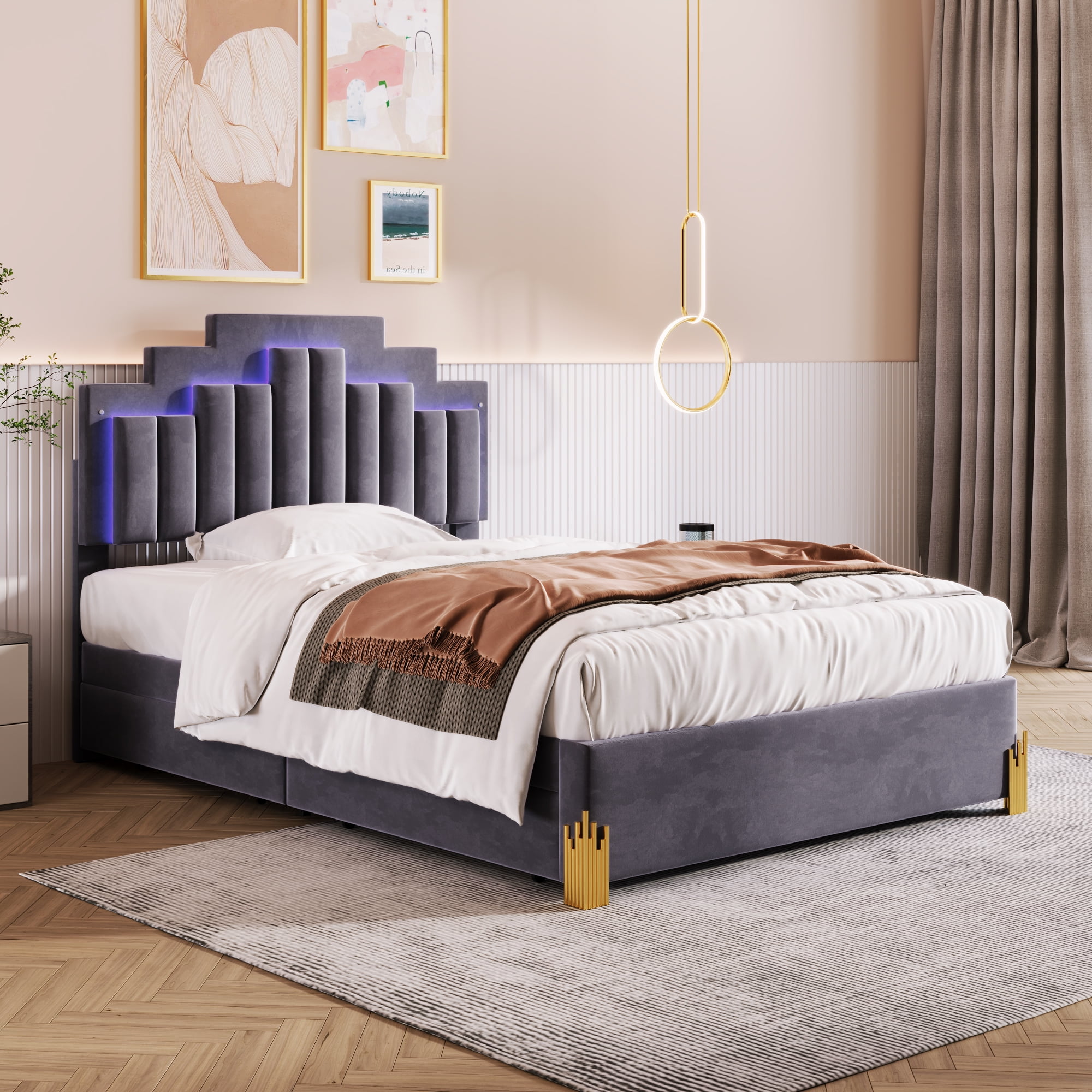Tensun Modern Grey Velvet Bed Frame with Headboard, 4 Drawers, Irregular Metal Legs, Wooden