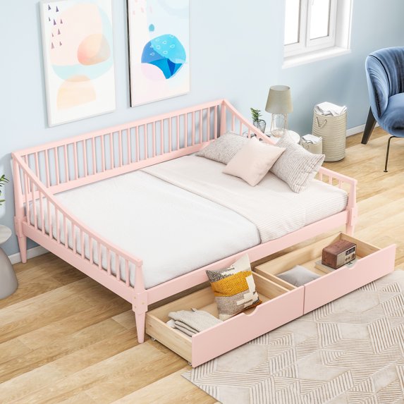 Tensun Montessori Full House Floor Bed with Roof, Window, Wood Slats - Pink+Natural