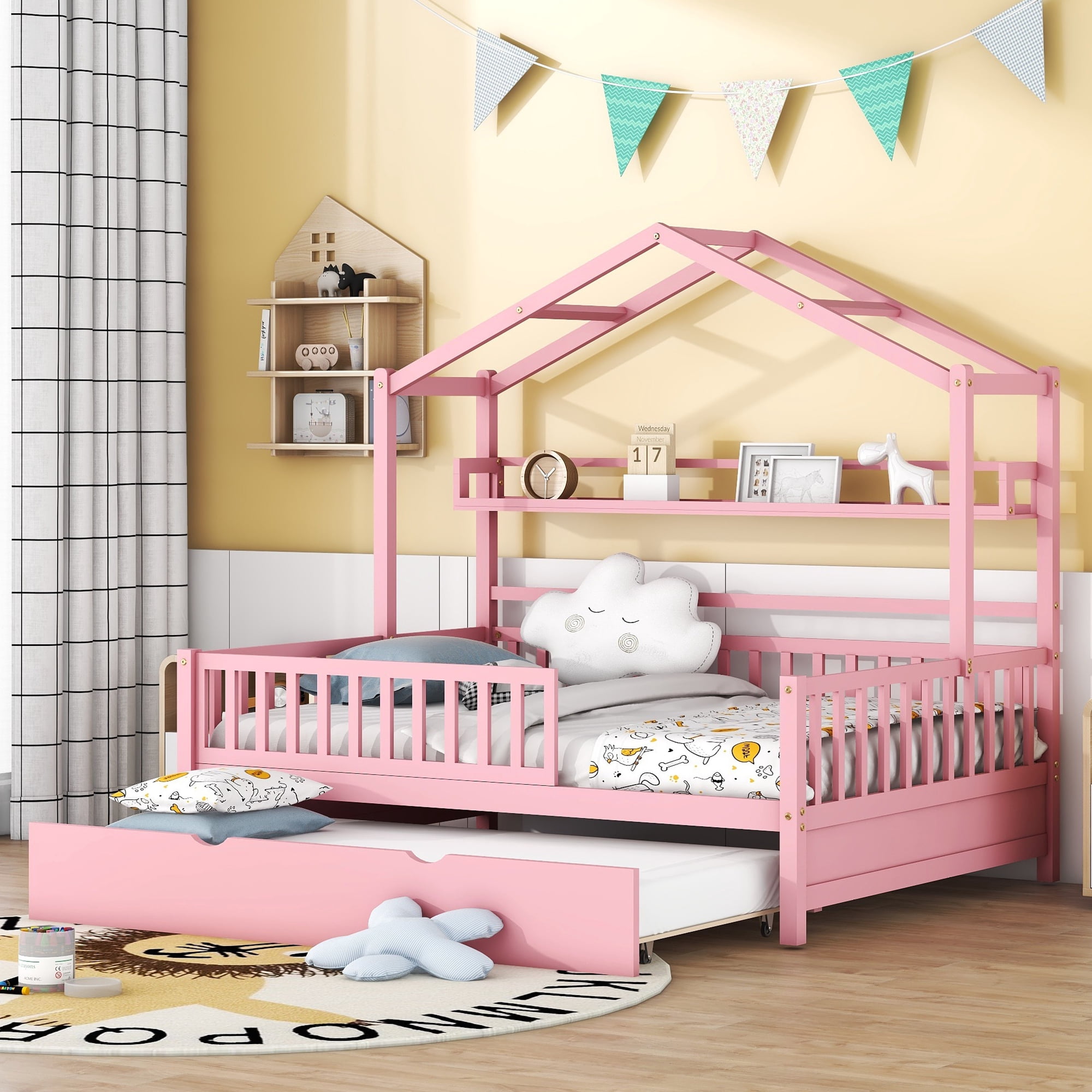 Wooden Full Size Children's Bed with Detachable Headboard, Pink