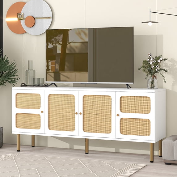 Tensun TV Stand 65 Inch TV Console with Rattan Door and Gold Metal Base, Suitable for TVs Up to 70'', Boho Style Entertainment Center Providing Ample Storage, White Finish