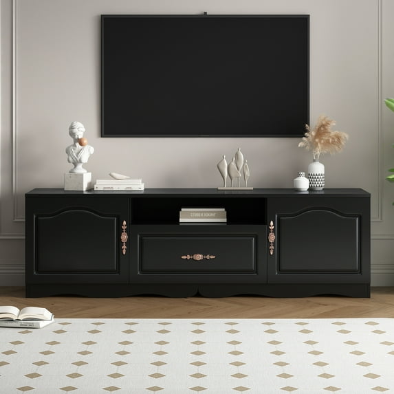 Tensun TV Stand 65" Modern Television Stands with 1 Shelf, 1 Drawer, and 2 Cabinets, Offering Ample Storage, Easy Assembly, Black Finish