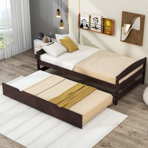 Tensun Twin Daybed with Trundle, Espresso Wood Frame, Twin Size Trundle with Wooden Slat Support, Platform Bed for Living or Guest Room, No Box Spring Required