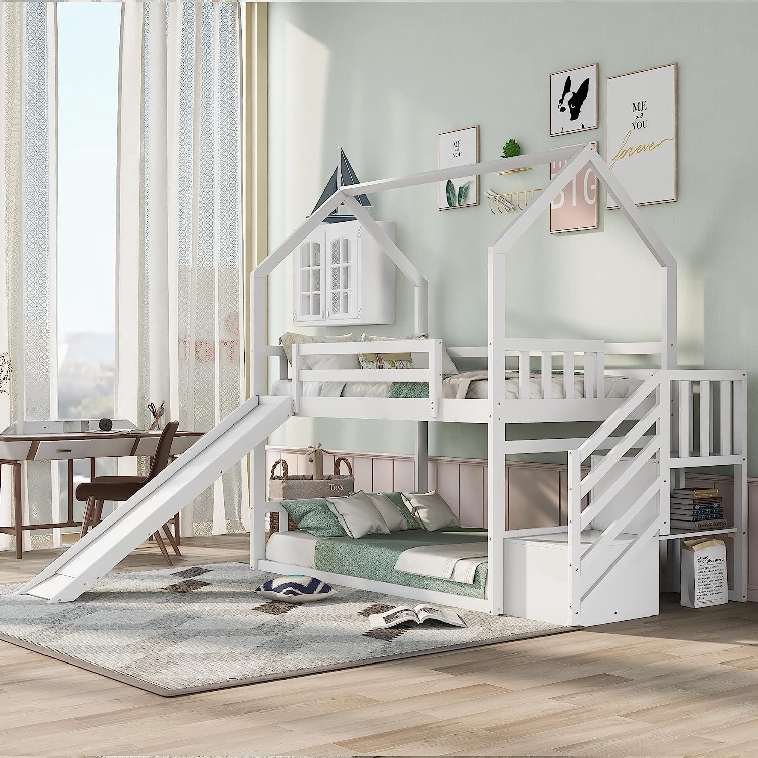 Tensun Twin Size Bunk House Bed with Slide and Ladder Twin/Twin Metal ...