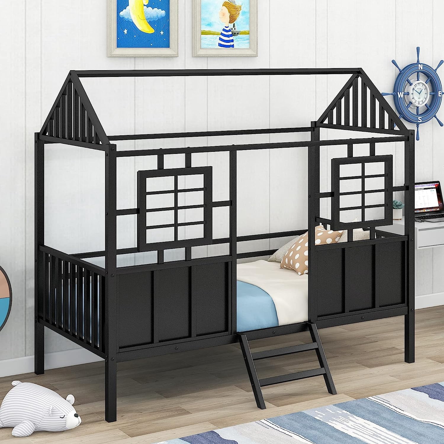 Tensun Twin Size Bunk House Bed with Slide and Ladder Twin/Twin Metal ...