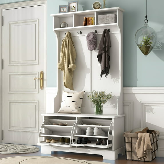 Tensun White All-in-One Hall Tree: 3 Top Shelves, 2 Flip Shoe Storage Drawers, Multiple Functions Coat Rack, with Storage Bench and Metal Hanging Hooks - for Living Room, Bedroom