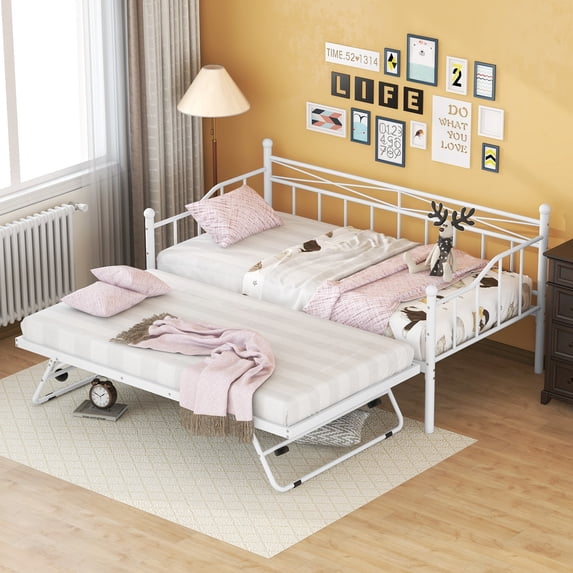 Tensun White Steel Daybed with Portable Folding Trundle, Twin Size Haven for Bedroom Living Room, Sturdy Steel Slat Support