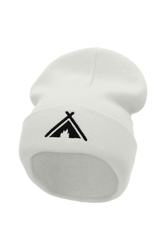 Tent Campfire Embroidered 12 Inch Long Knitted Beanie - White OSFM