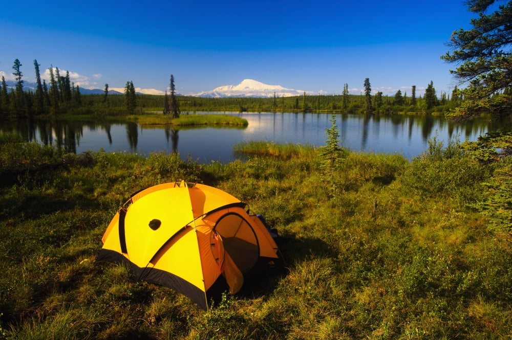 Tent Camping In Wrangell Saint Elias National Park With Mount Sanford In The Background Southcentral Alaska Summer Canvas Art - Michael Jones Design Pics (34 x 22)