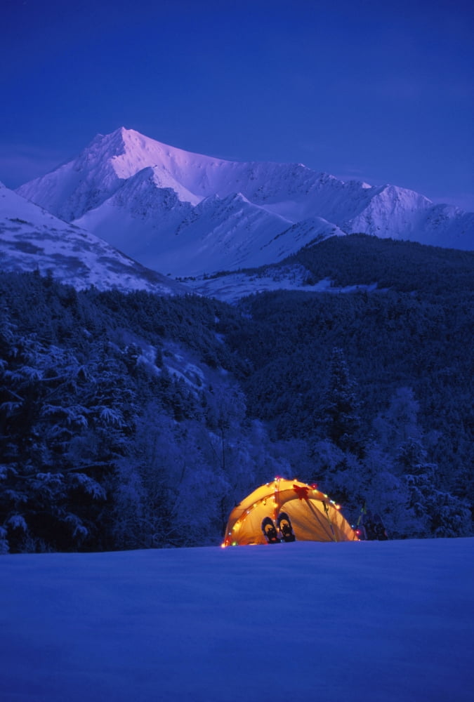 Tent Decorated Christmas Lights Chugach Nf Kp Alaska Snow Mountains Canvas Art - Michael DeYoung Design Pics (11 x 16)