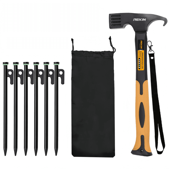 REKIN Tent Hammer and Tent Stakes Set, 10-inch Forged Steel Tent Pegs 6-Pack with Fluorescent Rings, Hammer with Peg Remover for Camping and Hiking