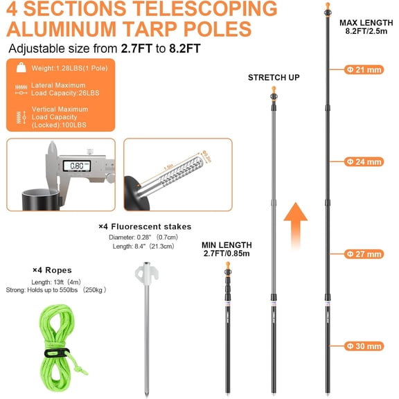 Tent Poles, Heavy Duty Tarp Poles Canopy Poles Aluminum Tent Poles with Non-Slip Cone Bottom, Adjustable Telescoping Tarp Poles