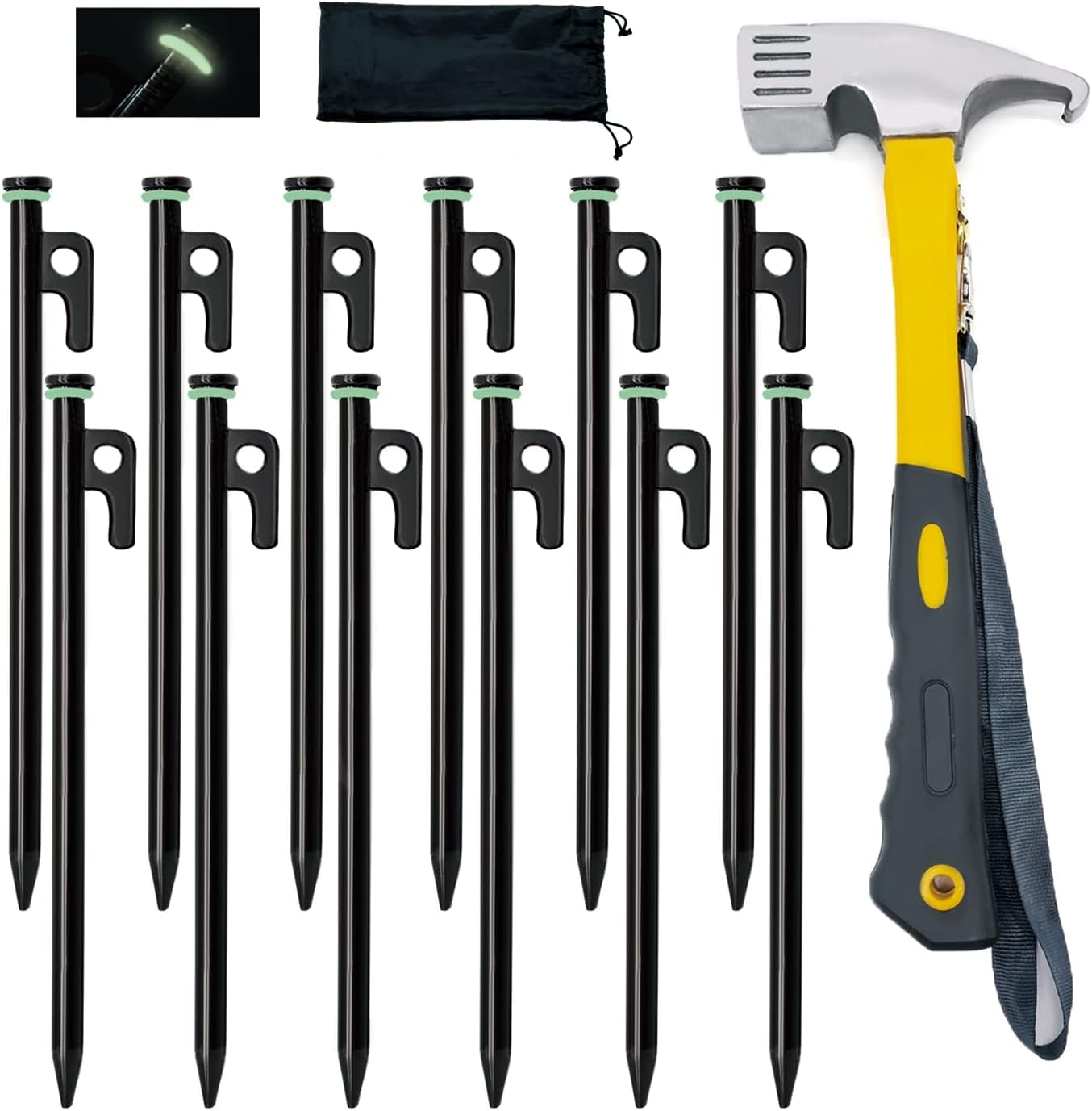 Tent Stake with Hammer, Heavy Duty Tent Stakes + Camping Hammer+Storage Pouch, Forged Steel Stakes