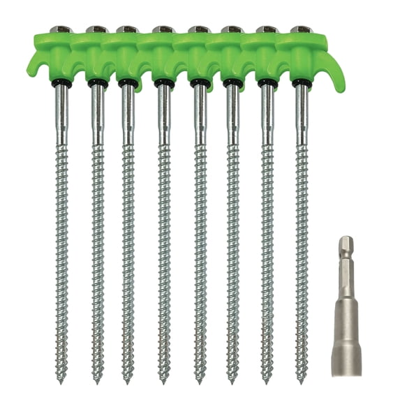 Tent Stakes, Green Heavy Duty Screw Design, 8 Pack Sturdy Metal Ground Pegs with 1 Pcs Drill Socket, for Outdoor Camping Hex Dome Tent Canopy Tarpaulin Patio Anchoring Securing Use