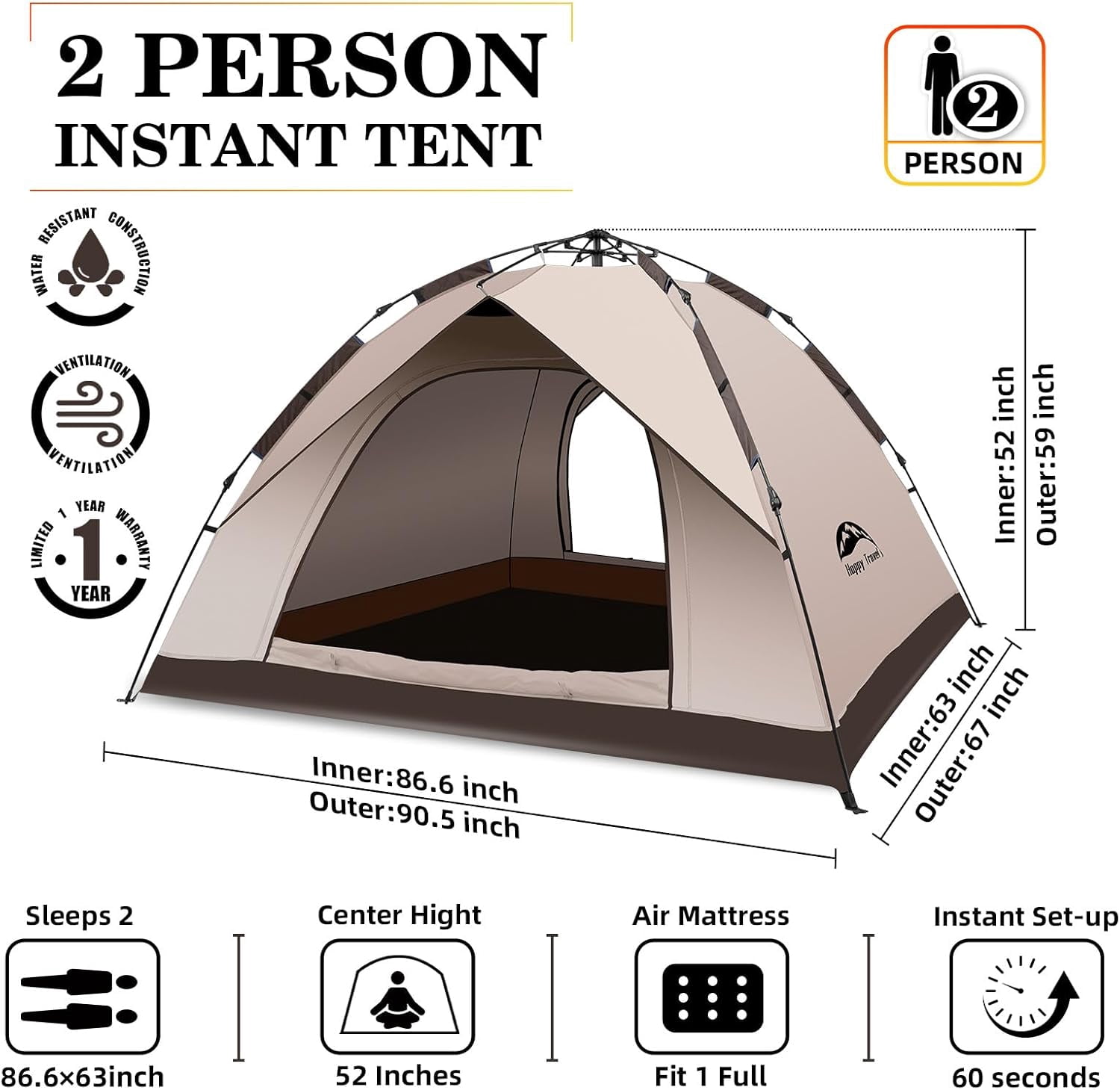 Tent for Camping, Waterproof Family Dome Tent with Easy Setup for Hiking and Traveling