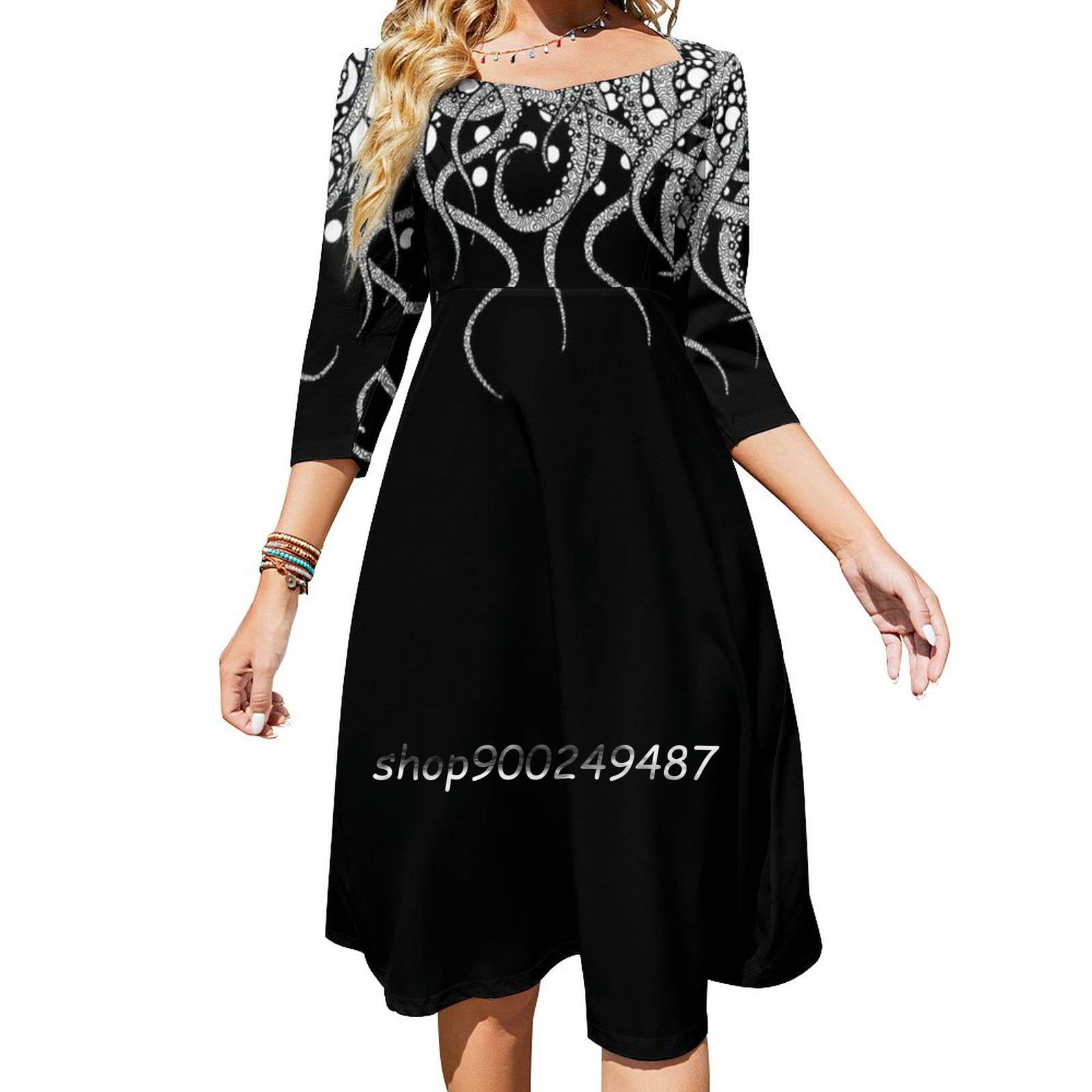 Tentacles Downward Square Neck Dress New Plus Size Elegant Women Waist Tight Dress Tentacles 0480