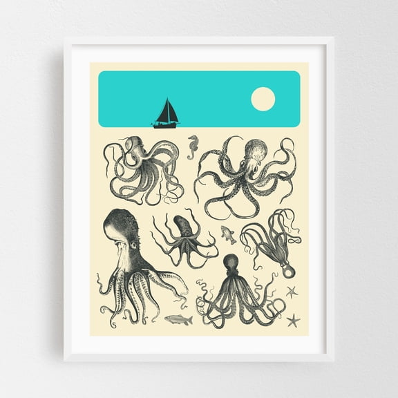 Tentacles - Mixed Media Marine Life Nautical Aquatic Sailboat Vintage Illustration White Framed Wall Art Print 18 x 24 inches