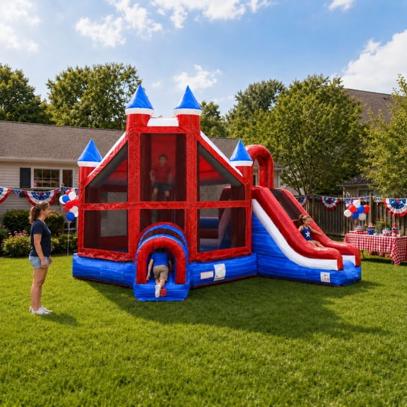 TentandTable Commercial Inflatable Castle Bounce House with Slide, Red, White, and Blue Deluxe