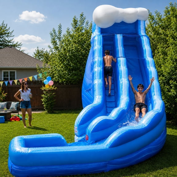 TentandTable Commercial Inflatable Water Slide, Blue Marble Wave Curved with Blower, 17 ft