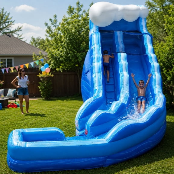 TentandTable Commercial Inflatable Water Slide, Blue Marble Wave Curved with Blower, 17 ft