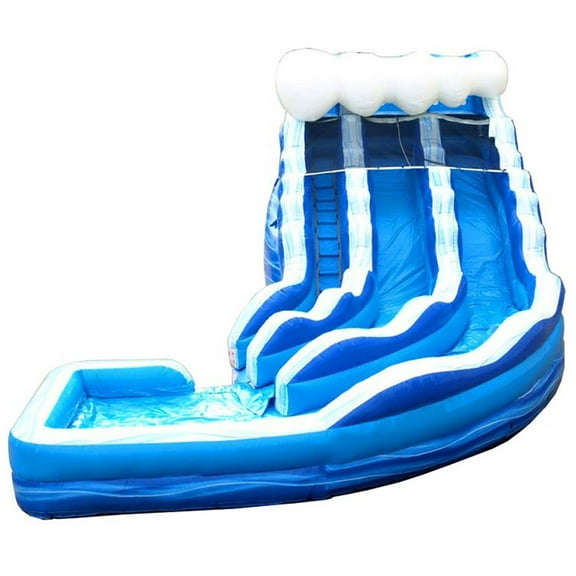 TentandTable Commercial Inflatable Water Slide, Blue Wave Marble Curved Dual Lane with Blower, 19'