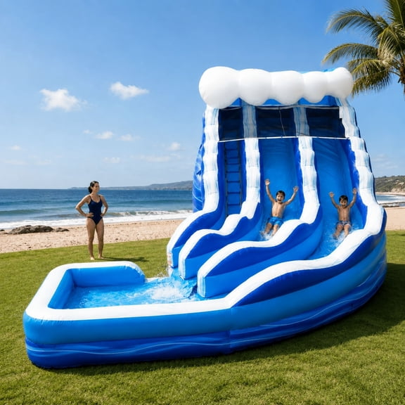 TentandTable Commercial Inflatable Water Slide, Blue Wave Marble Curved Dual Lane with Blower, 19'