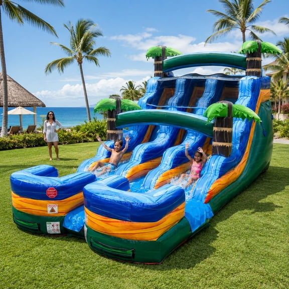 TentandTable Commercial Inflatable Water Slide, Green Tropical Marble Dual Lane with Blower, 15 ft