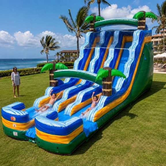 TentandTable Commercial Inflatable Water Slide, Green Tropical Marble Dual Lane with Blower, 18 ft