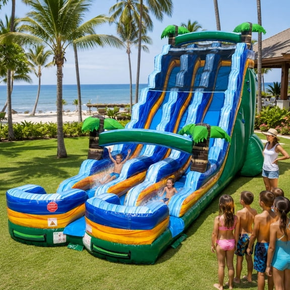 TentandTable Commercial Inflatable Water Slide, Green Tropical Marble Dual Lane with Blower, 24 ft