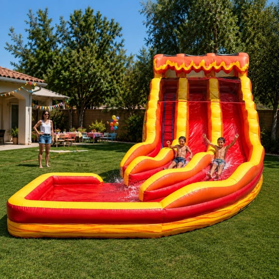 TentandTable Commercial Inflatable Water Slide, Lava Wave Marble Curved Dual Lane with Blower, 19'