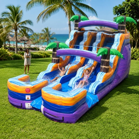 TentandTable Commercial Inflatable Water Slide, Purple Tropical Marble Dual Lane with Blower, 15 ft