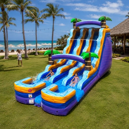 TentandTable Commercial Inflatable Water Slide, Purple Tropical Marble Dual Lane with Blower, 18 ft