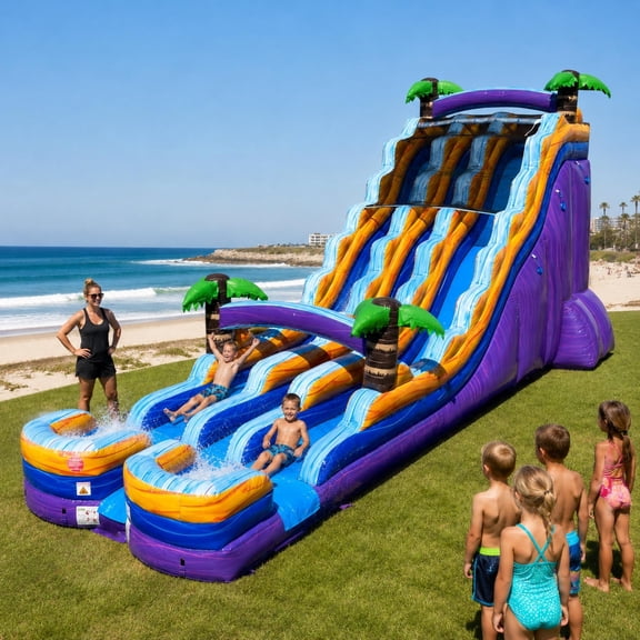 TentandTable Commercial Inflatable Water Slide, Purple Tropical Marble Dual Lane with Blower, 24 ft
