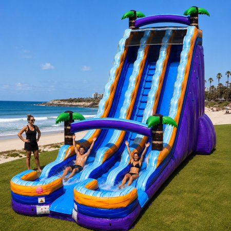 TentandTable Commercial Inflatable Water Slide, Purple Tropical Marble Dual Lane with Blower, 24 ft