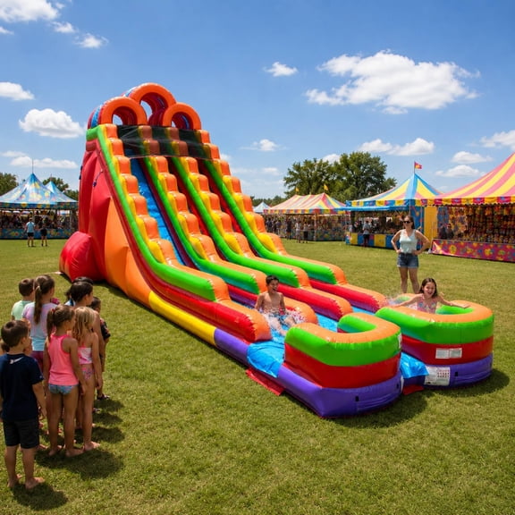 TentandTable Commercial Inflatable Water Slide, Rainbow Dual Lane with Blower, 24 ft