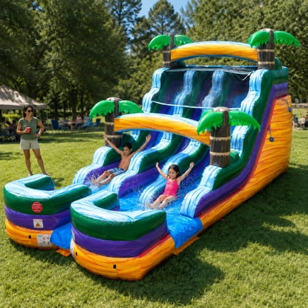 TentandTable Commercial Inflatable Water Slide, Yellow Tropical Marble Dual Lane with Blower, 15 ft