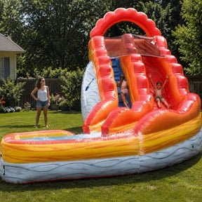 TentandTable Commerical Inflatable Water Slide, Fire Marble Wave Curved with Blower, 17 ft