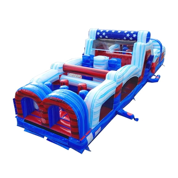 TentandTable Giant Inflatable Obstacle Course with Rock Climbing Wall, Slide, Tunnel, Commercial Bouncer with Blower, 40' x 11' x 11' Patriotic Theme
