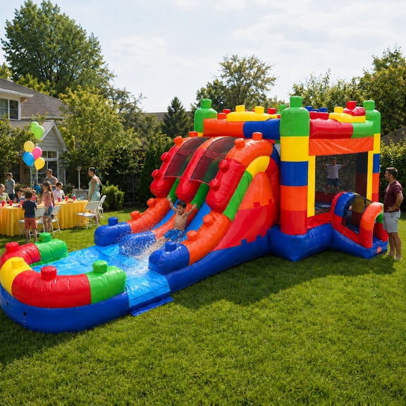 TentandTable Mega Dual Lane Inflatable Water Slide Bounce House Combo with Blower, Building Block